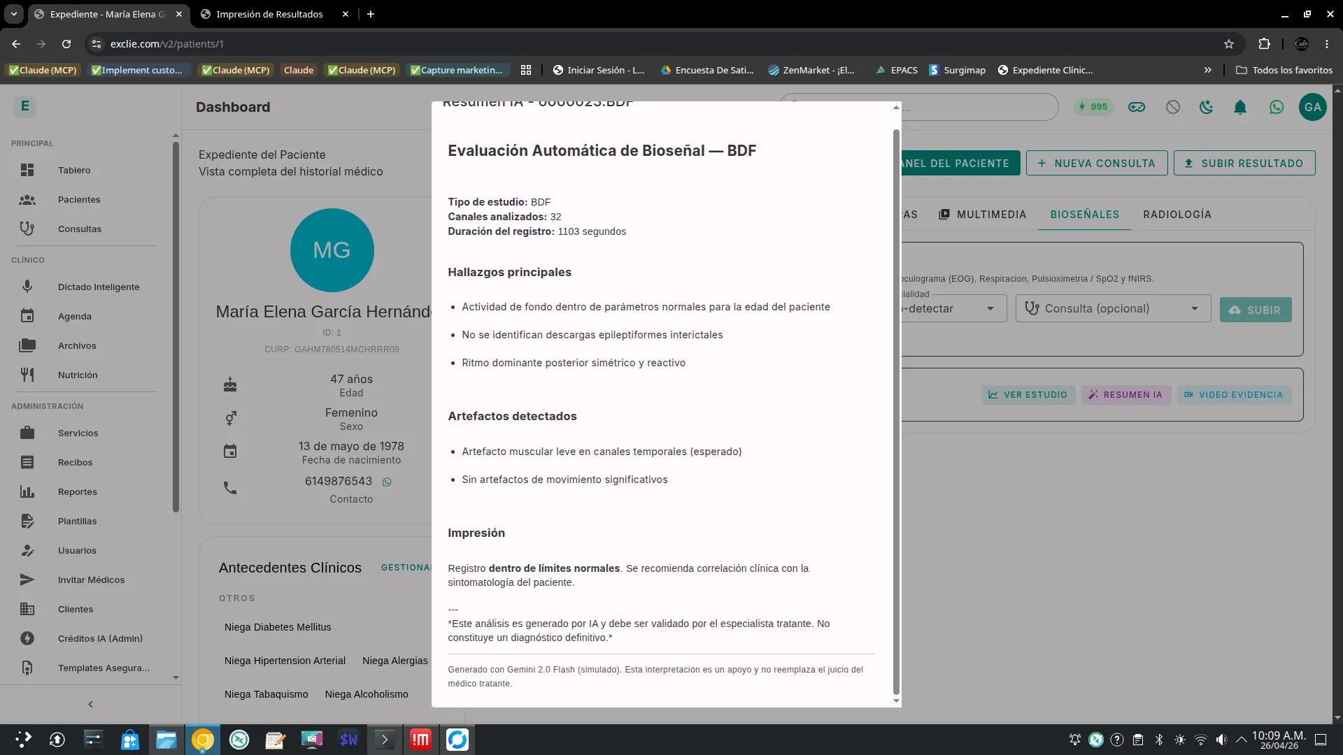 Grafo interactivo del paciente en Exclie